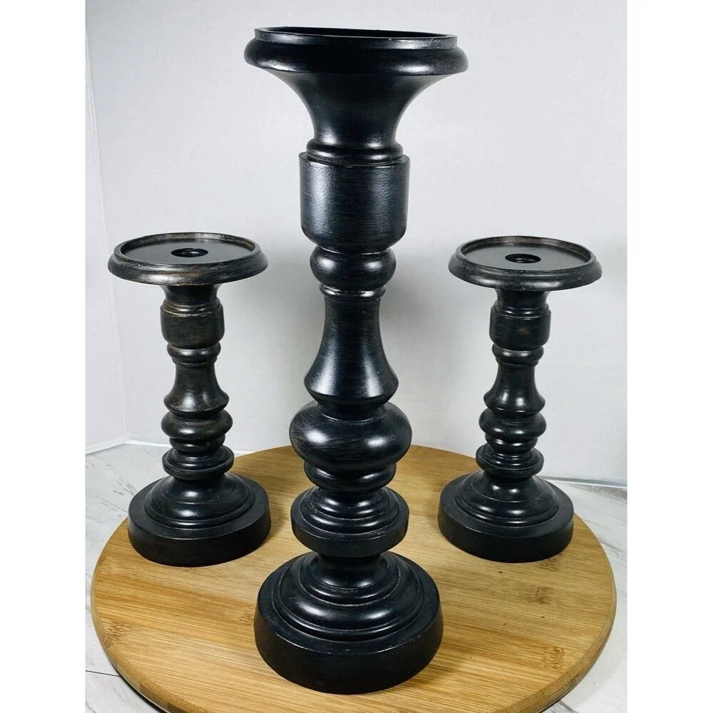 Hobby lobby Set of 3 Black Wood Pedestal Candlestick Holders 13.5” and 8.15”